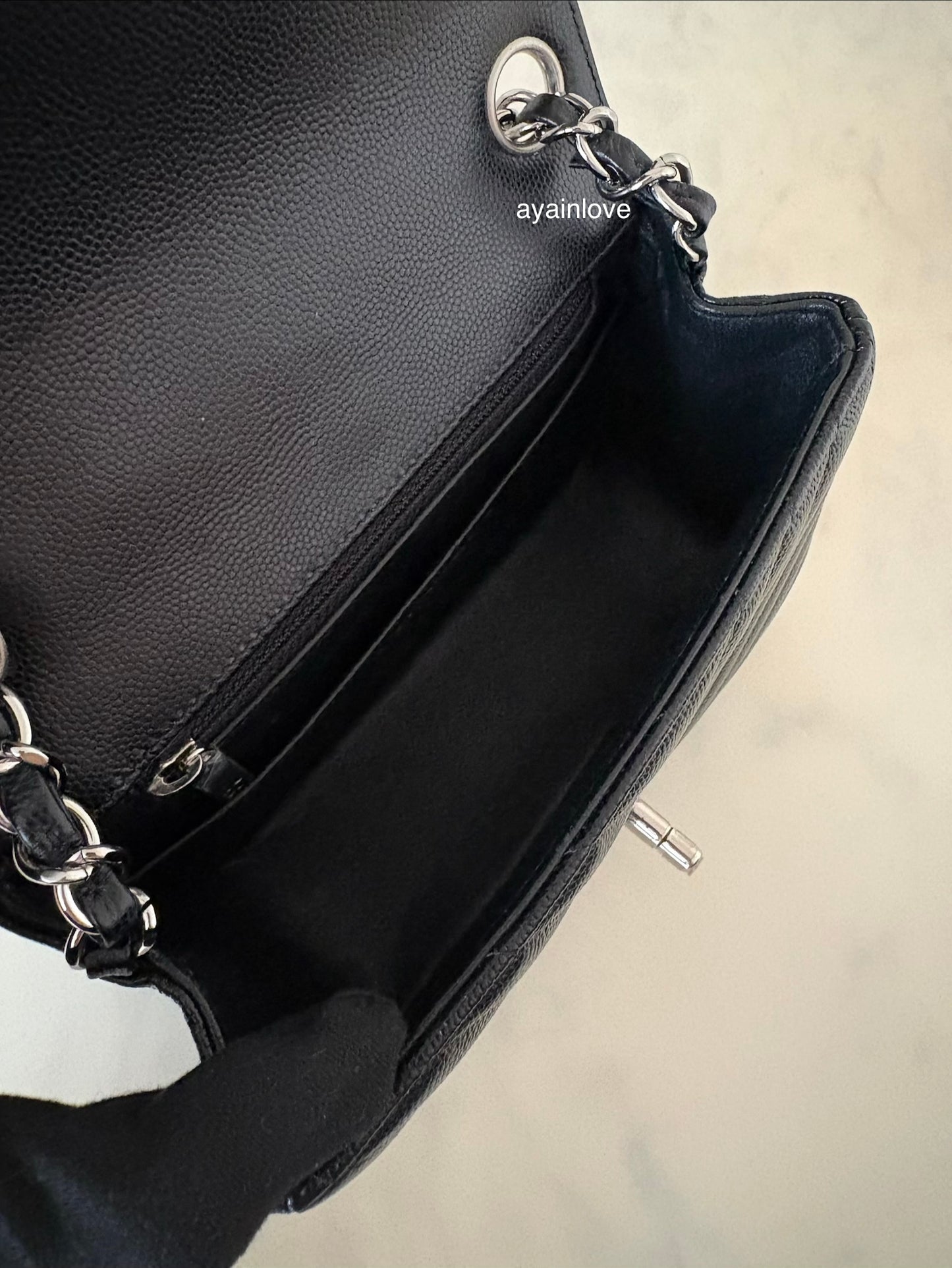 CHANEL 16S Black Caviar Chevron Classic Square Mini Flap Bag Silver Hardware