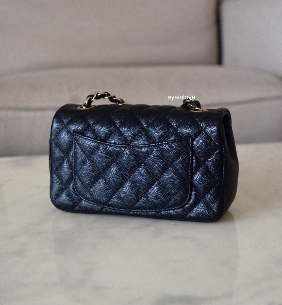 CHANEL 18B Black Caviar Quilted Rectangular Mini Flap Bag Light Gold Hardware