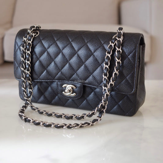 CHANEL Black Caviar Medium/Large Classic Flap Silver Hardware