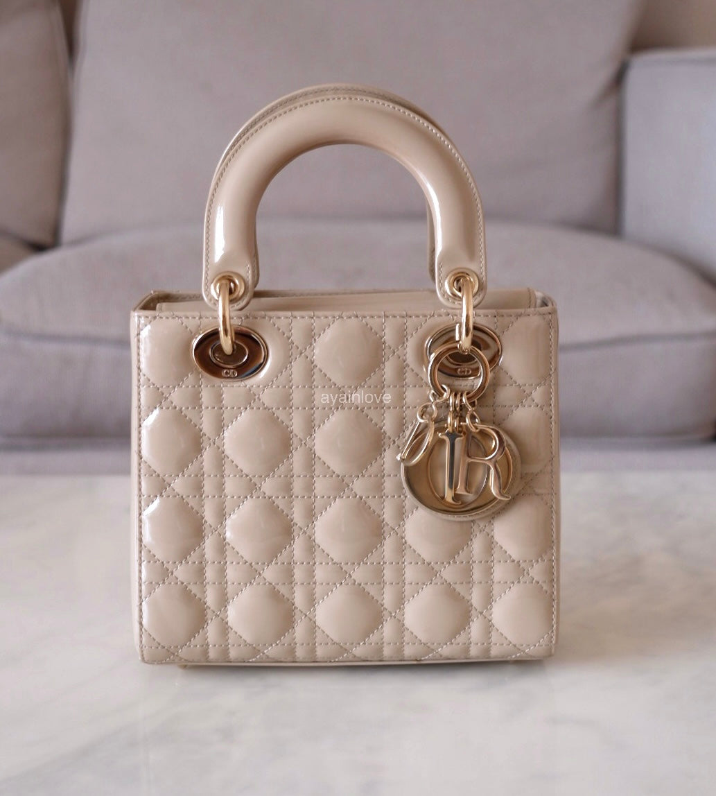 DIOR Small Lady Dior Beige Patent Cannage Calf Skin Bag