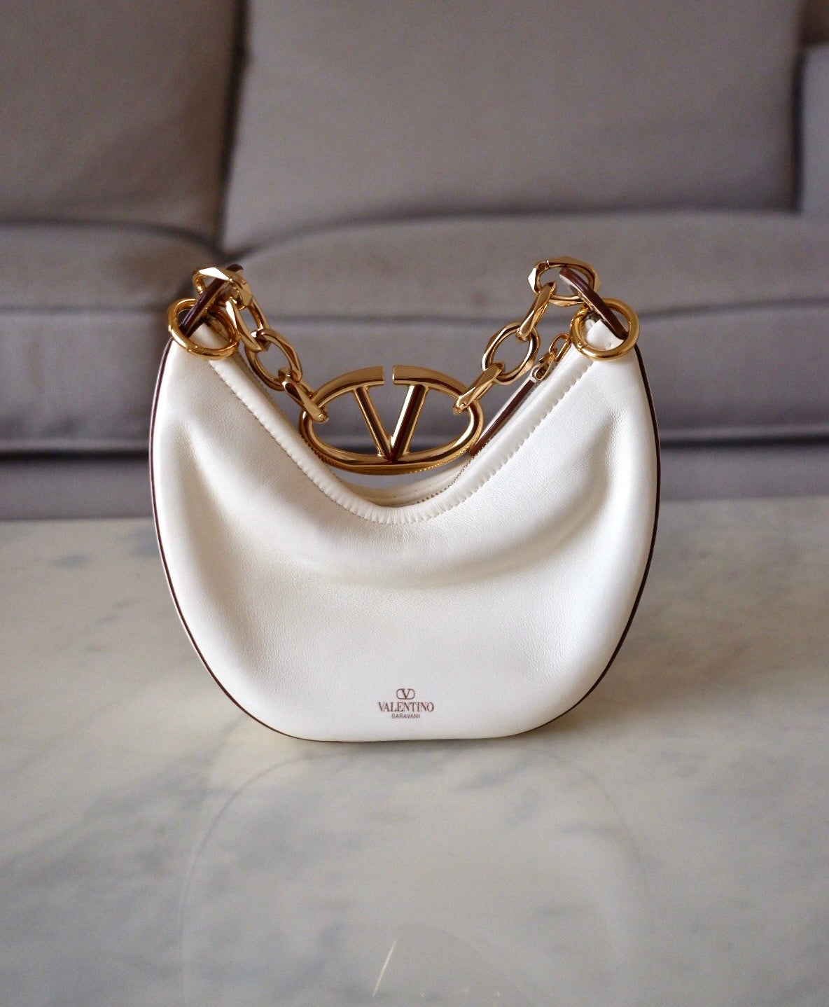 VALENTINO Vlogo Ivory Moon Zip Up Mini Hobo Bag Gold Hardware