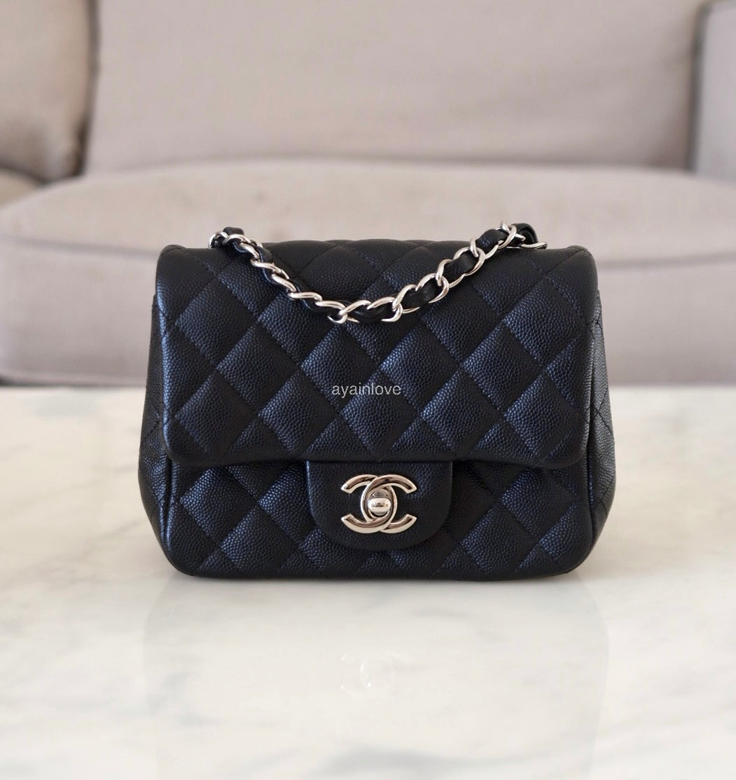 CHANEL 17B Black Caviar (Burgundy Interior) Quilted Square Mini Flap Bag Silver Hardware