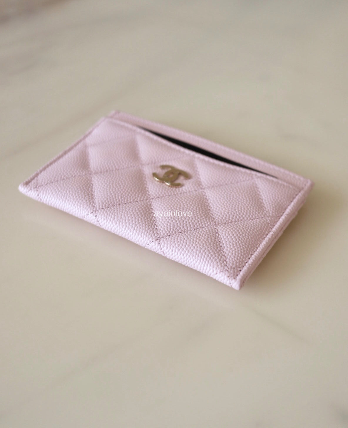 CHANEL 22P Light Pink Rose Clair Caviar Flat Card Holder Light Gold Hardware