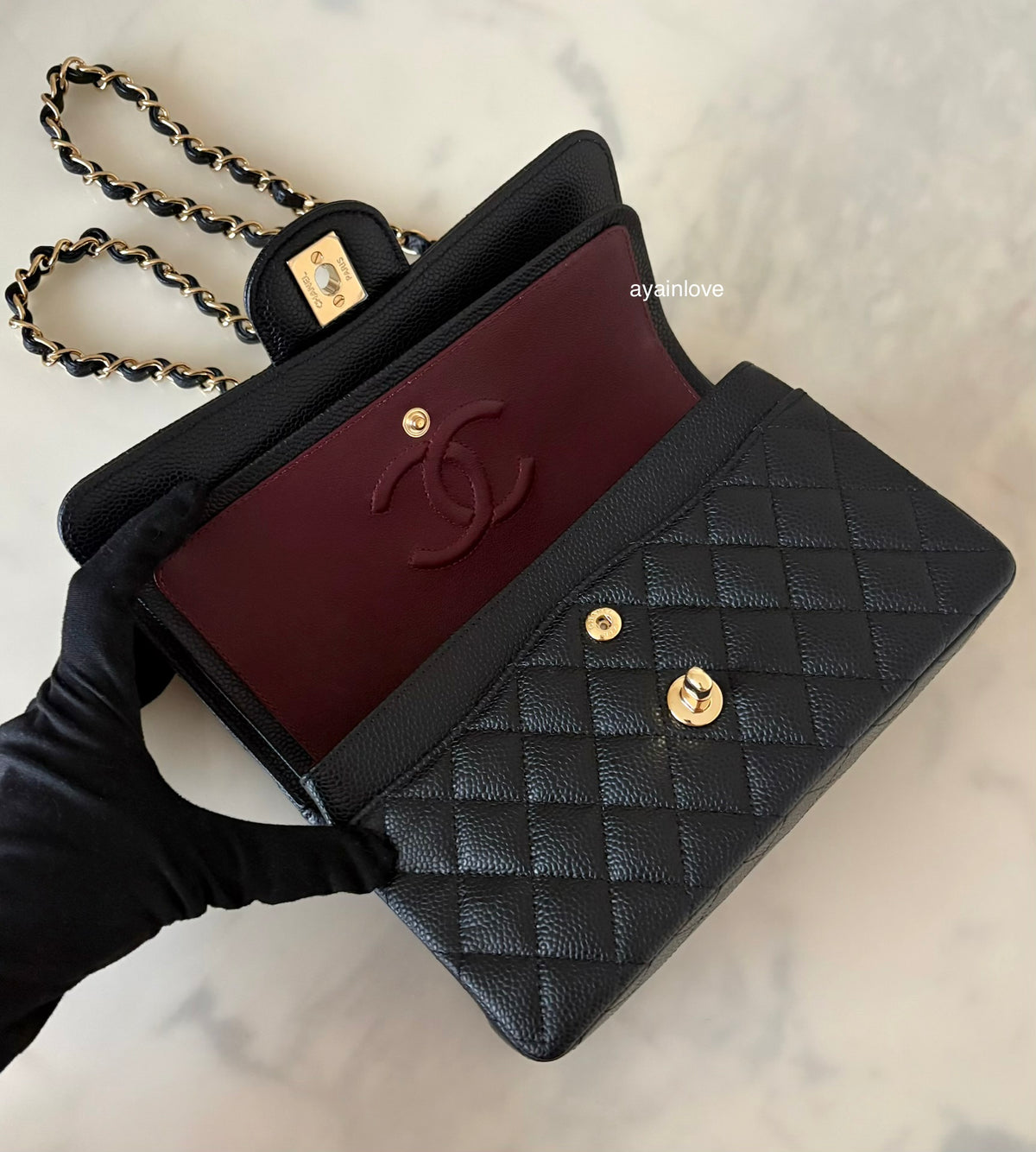 CHANEL Black Caviar Quilted Small Classic Flap Bag Gold Hardware