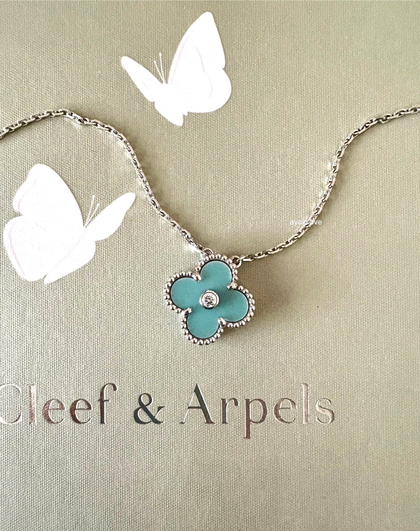 VAN CLEEF ARPELS VCA 18KT White Gold Limited 2022 Holiday Pendant Tiffany Blue Diamond Vintage Alhambra