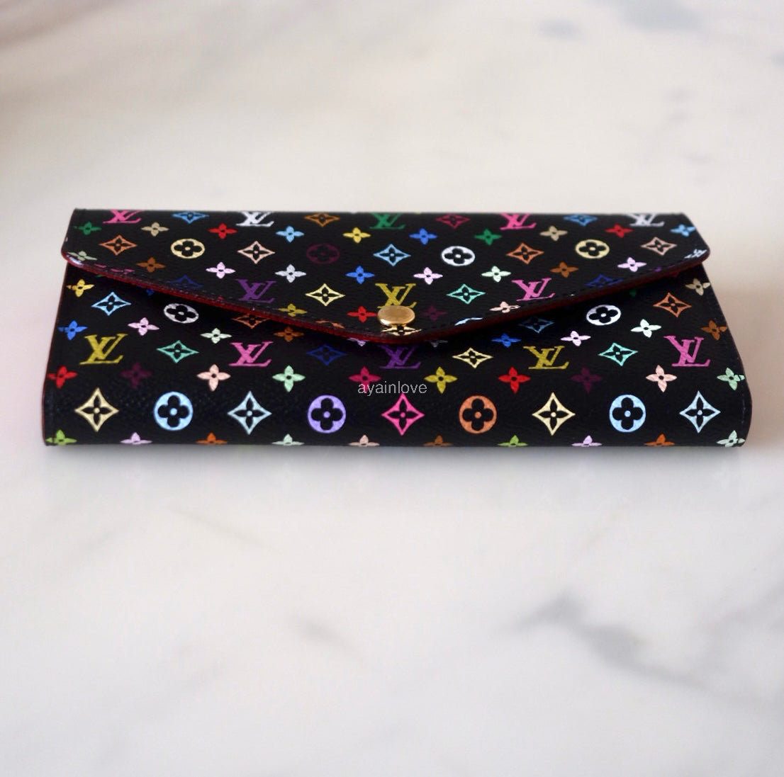 LOUIS VUITTON LV Black Murakami Multicolour Sarah Wallet Gold Hardware