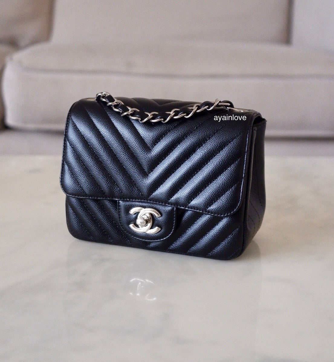 CHANEL 16S Black Caviar Chevron Classic Square Mini Flap Bag Silver Hardware