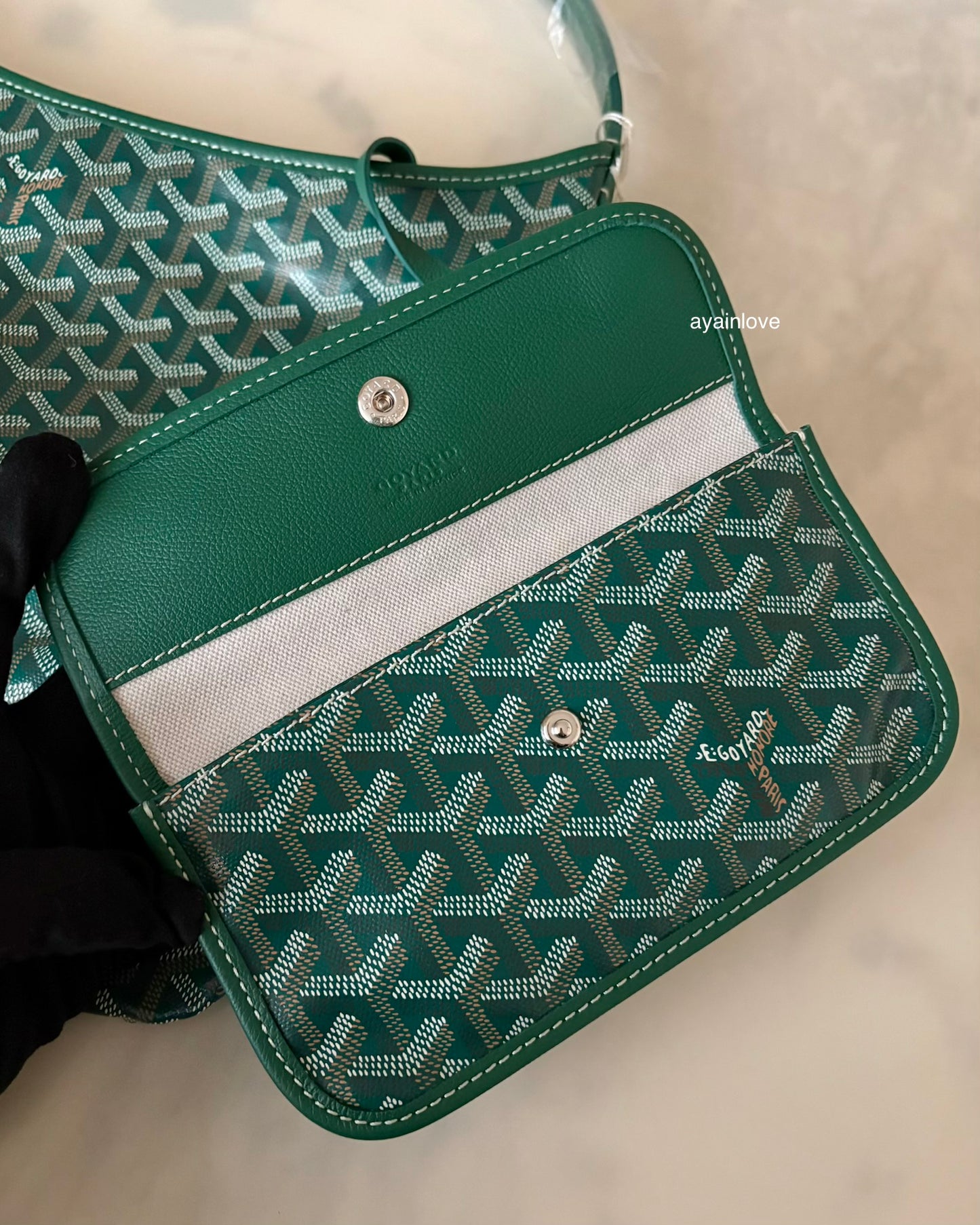 GOYARD Green Goyardine Hobo Boheme PM Bag with Blue Heart Stamp