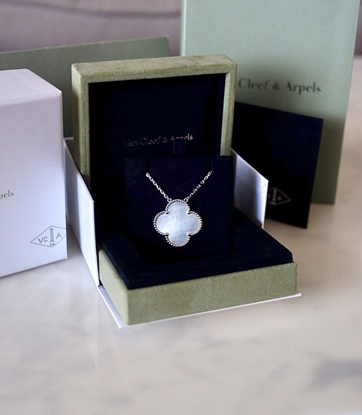 Van Cleef Arpels VCA White Mother of Pearl Magic Alhambra Pendant Necklace 18KT White Gold