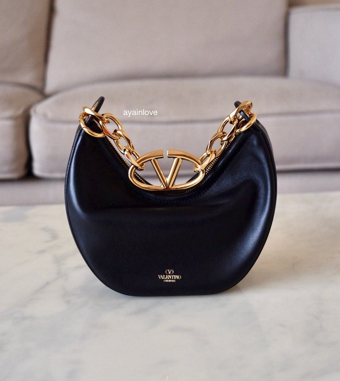 VALENTINO Vlogo Black Moon Zip Up Mini Hobo Bag Gold Hardware