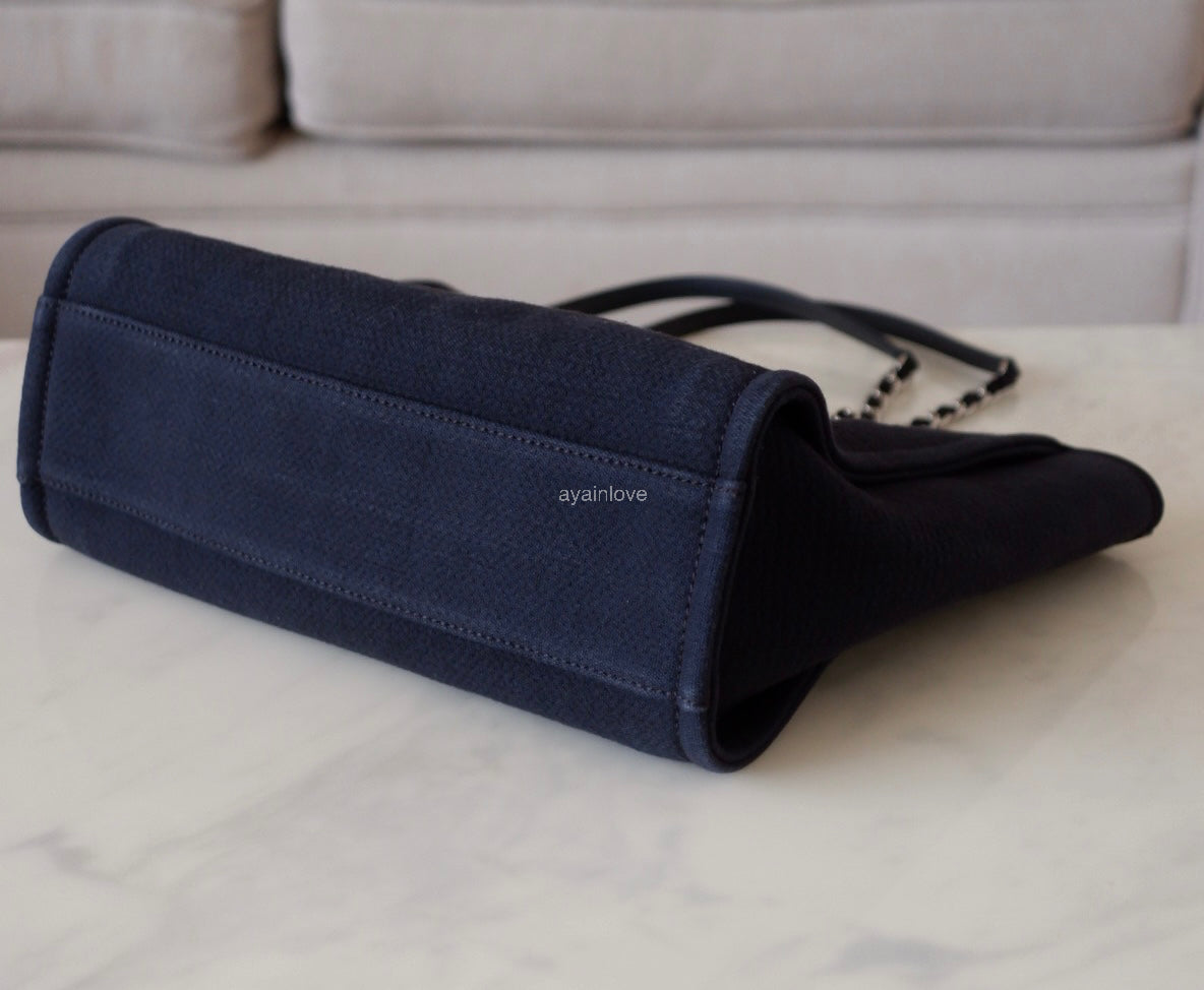 CHANEL Midnight Navy Blue Canvas Small Medium Deauville Microchipped Tote Bag Silver Hardware