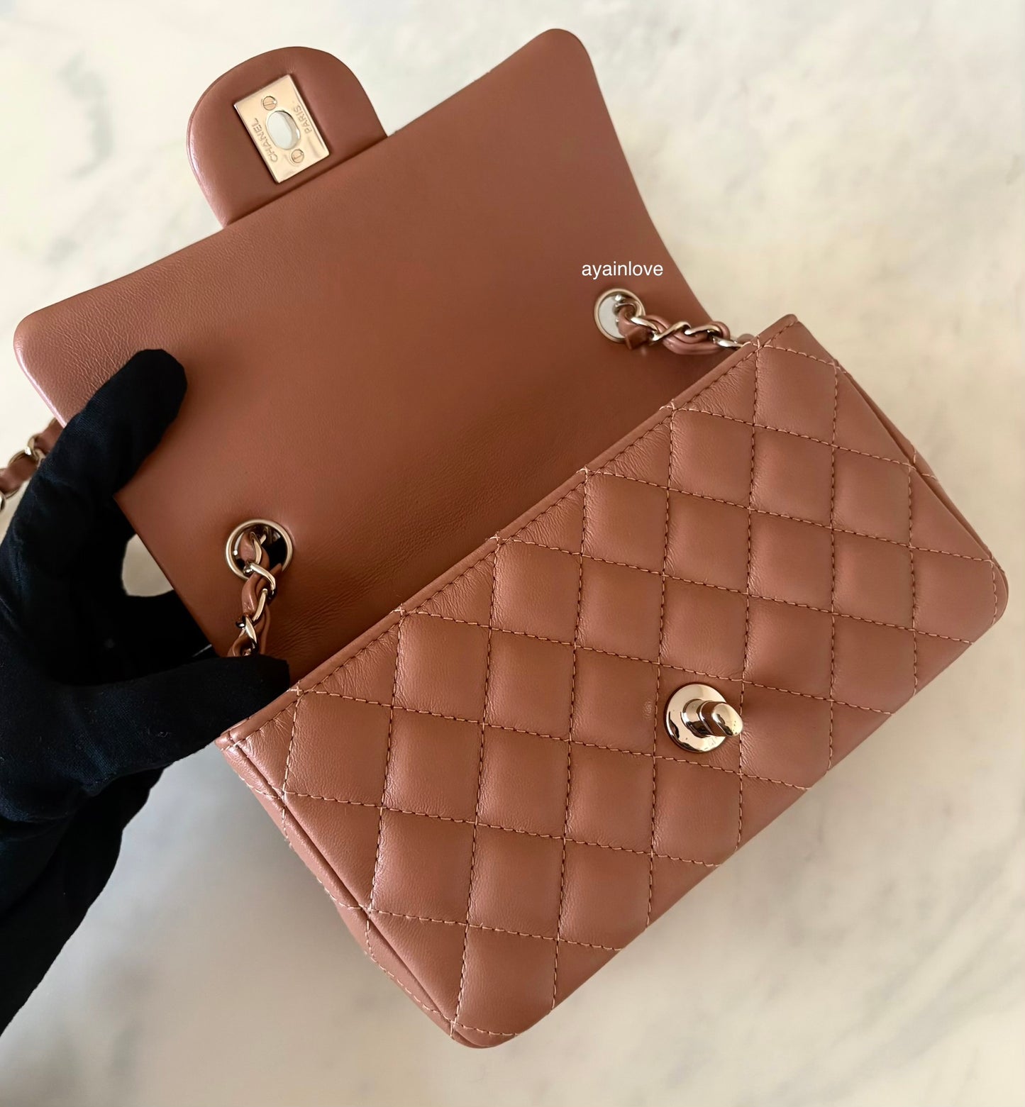 CHANEL 22S Caramel Brown Lamb Skin Rectangular Mini Light Gold Hardware