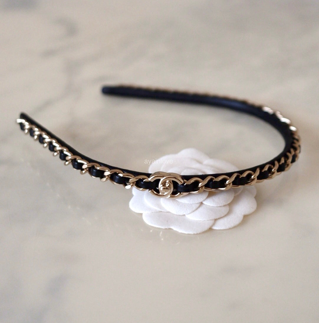 CHANEL Black Interlaced Chain Leather CC Turn Lock Logo Gold Hardware Headband Bandeau