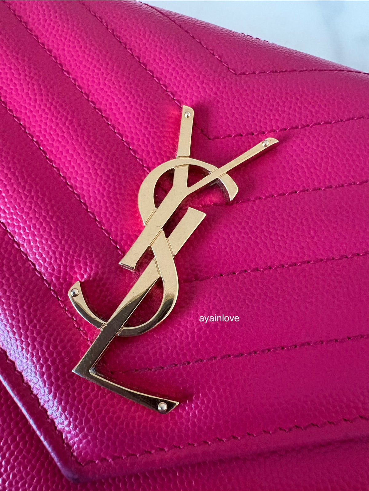 Yves Saint Laurent YSL Classic Cassandre Fuchsia Chevron Quilting Wallet on Chain Gold Hardware