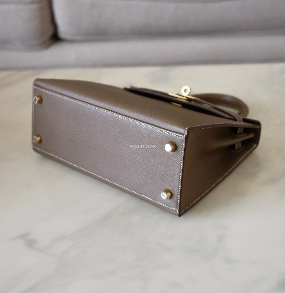 HERMES Kelly 25 Etoupe Epsom Bag Gold Hardware W Stamp