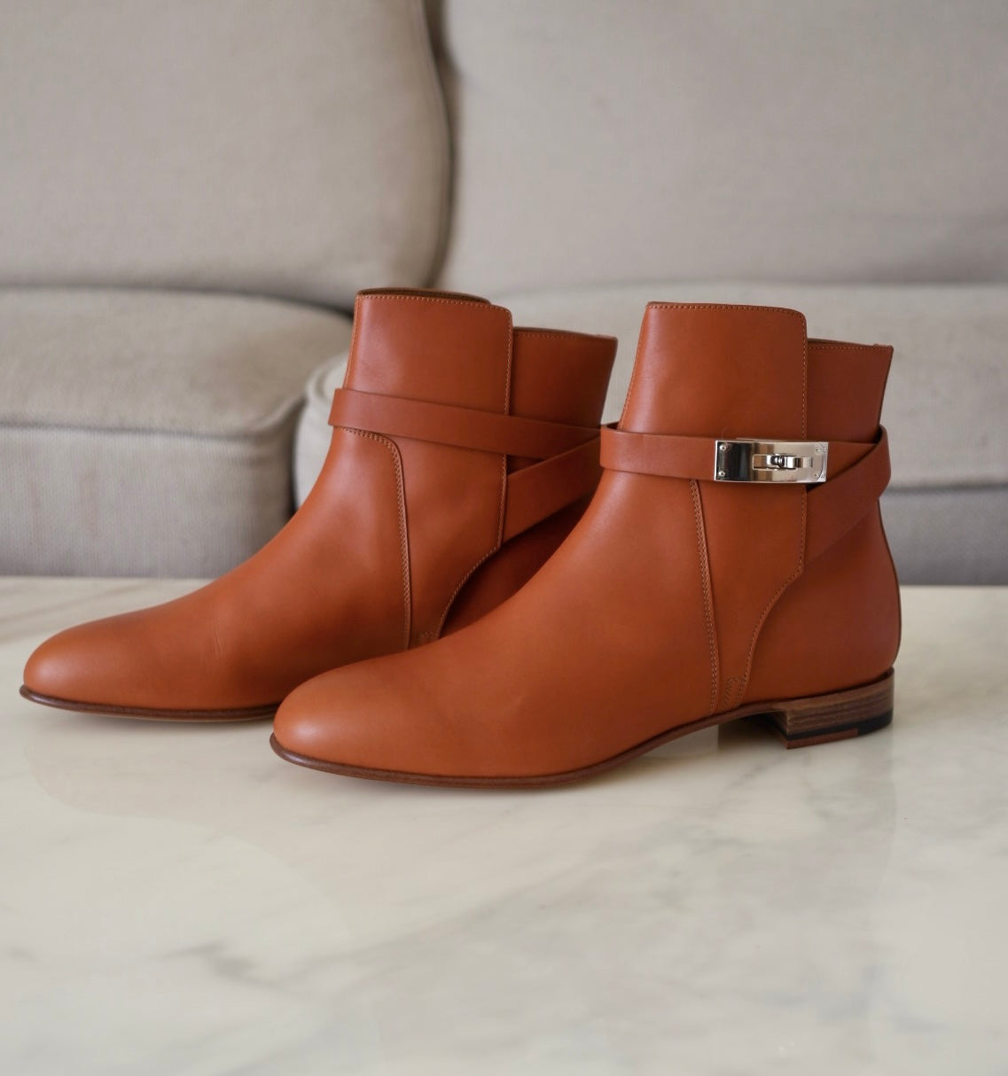 HERMES Naturel Brown Calfskin Neo Ankle Kelly Boots Shoes Palladium Hardware Size 39
