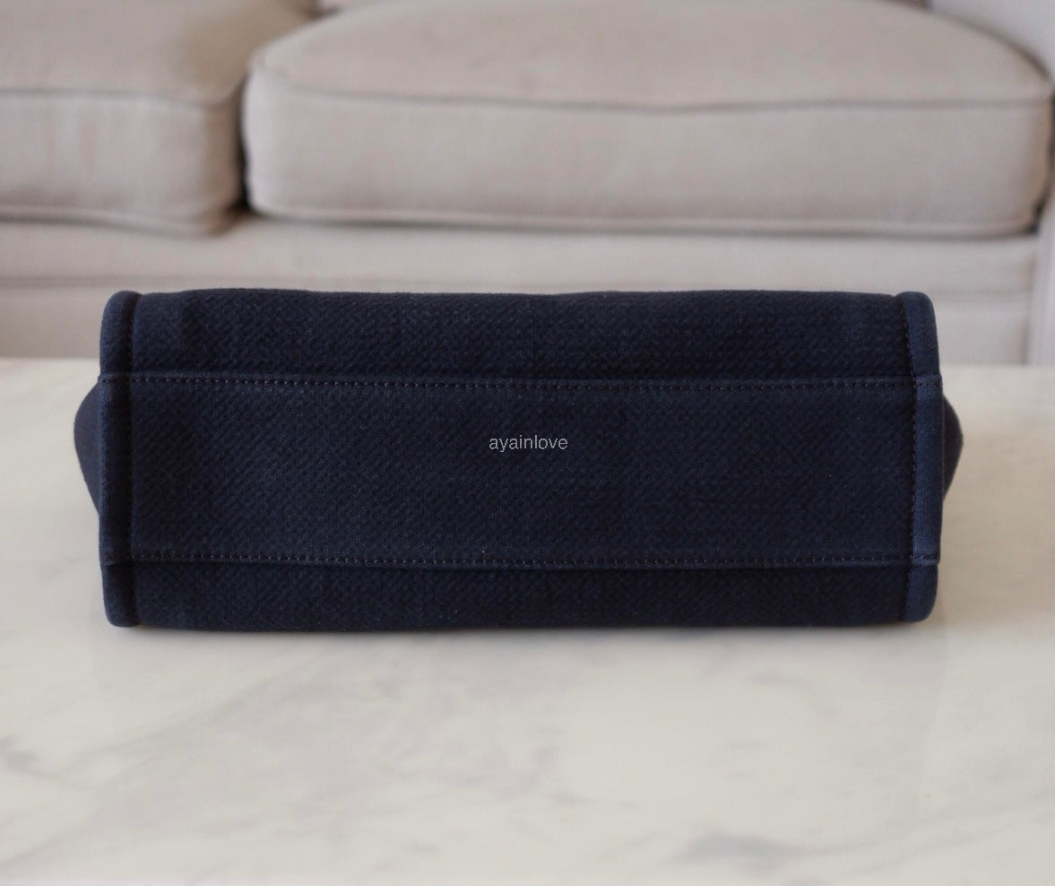 CHANEL Midnight Navy Blue Canvas Small Medium Deauville Microchipped Tote Bag Silver Hardware