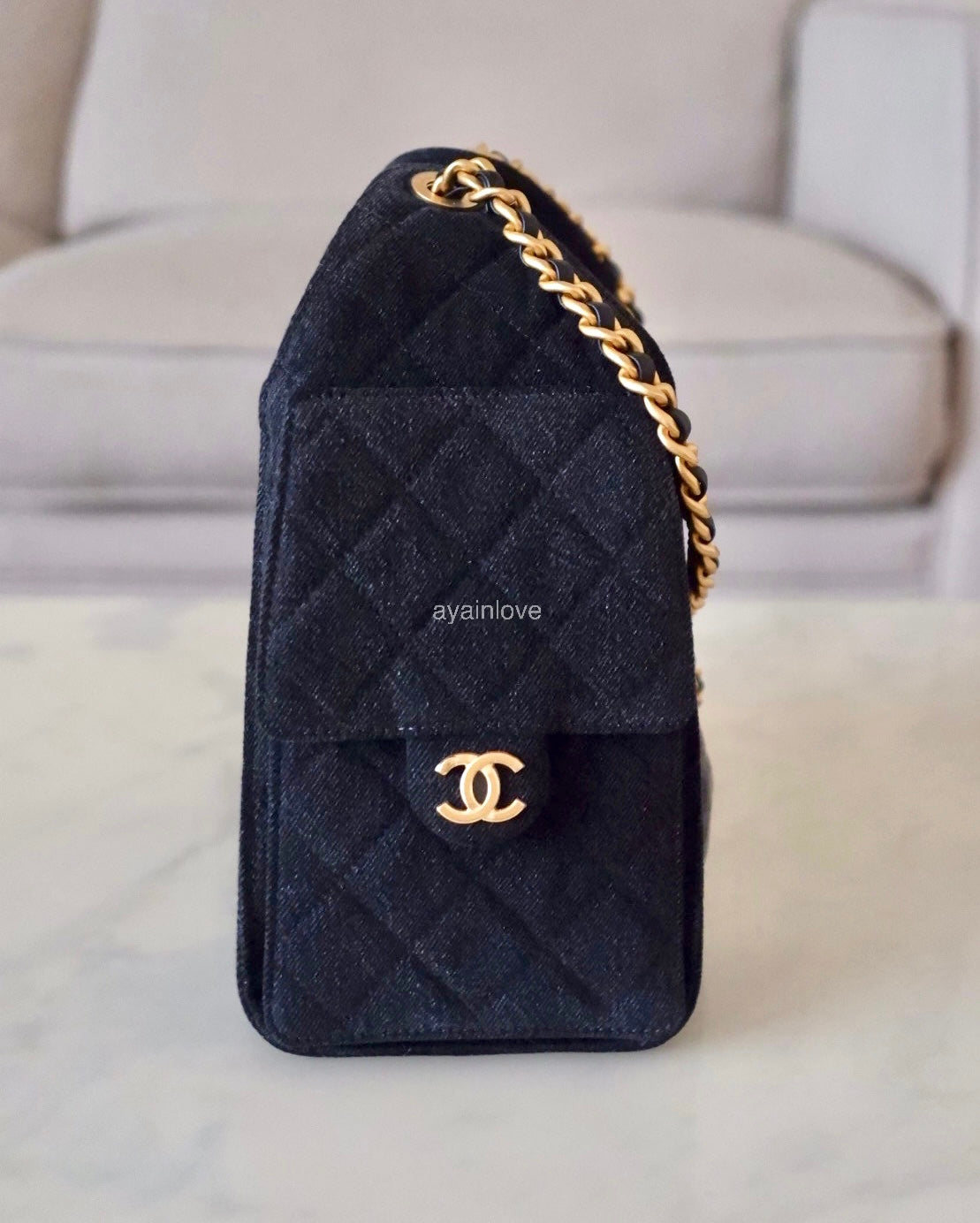 CHANEL 26P Black Washed Denim Small 25 Bag Gold Hardware