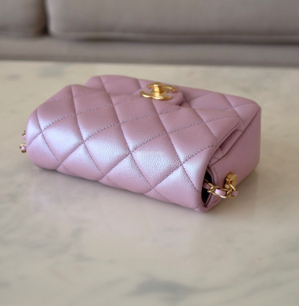 CHANEL 21K Iridescent Pink Caviar My Perfect Square Mini Flap Bag Gold Hardware