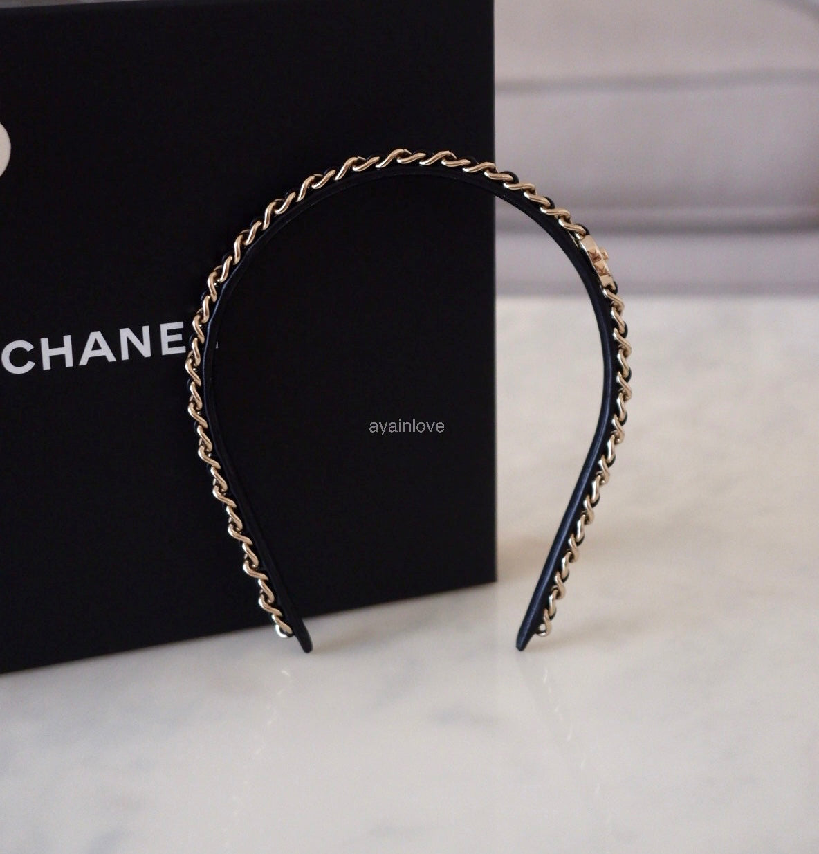 CHANEL Black Interlaced Chain Leather CC Turn Lock Logo Gold Hardware Headband Bandeau