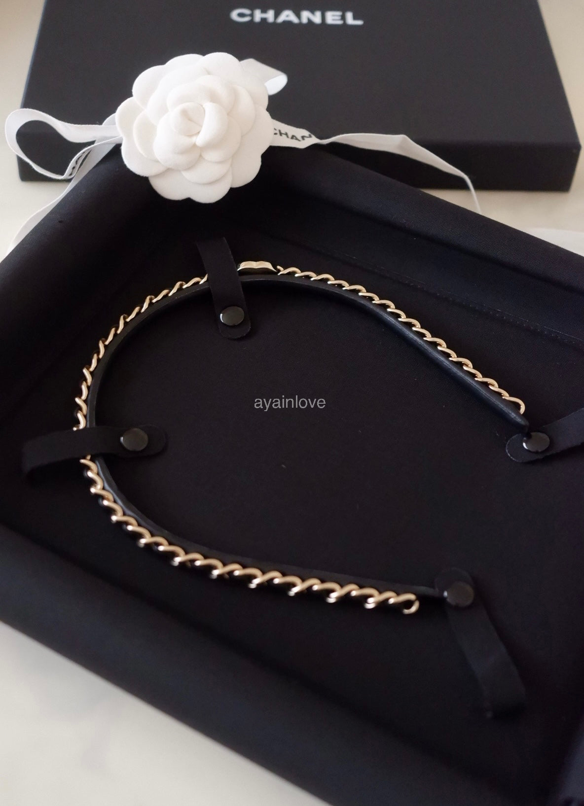 CHANEL Black Interlaced Chain Leather CC Turn Lock Logo Gold Hardware Headband Bandeau