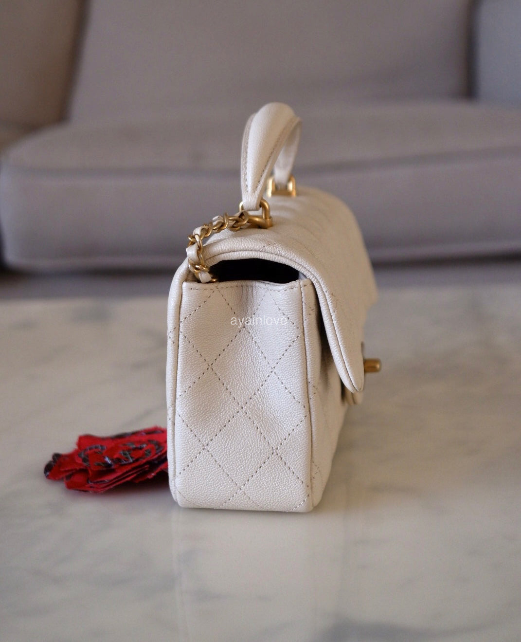 CHANEL 21S Light Beige Caviar Top Handle Rectangular Mini Bag Gold Hardware