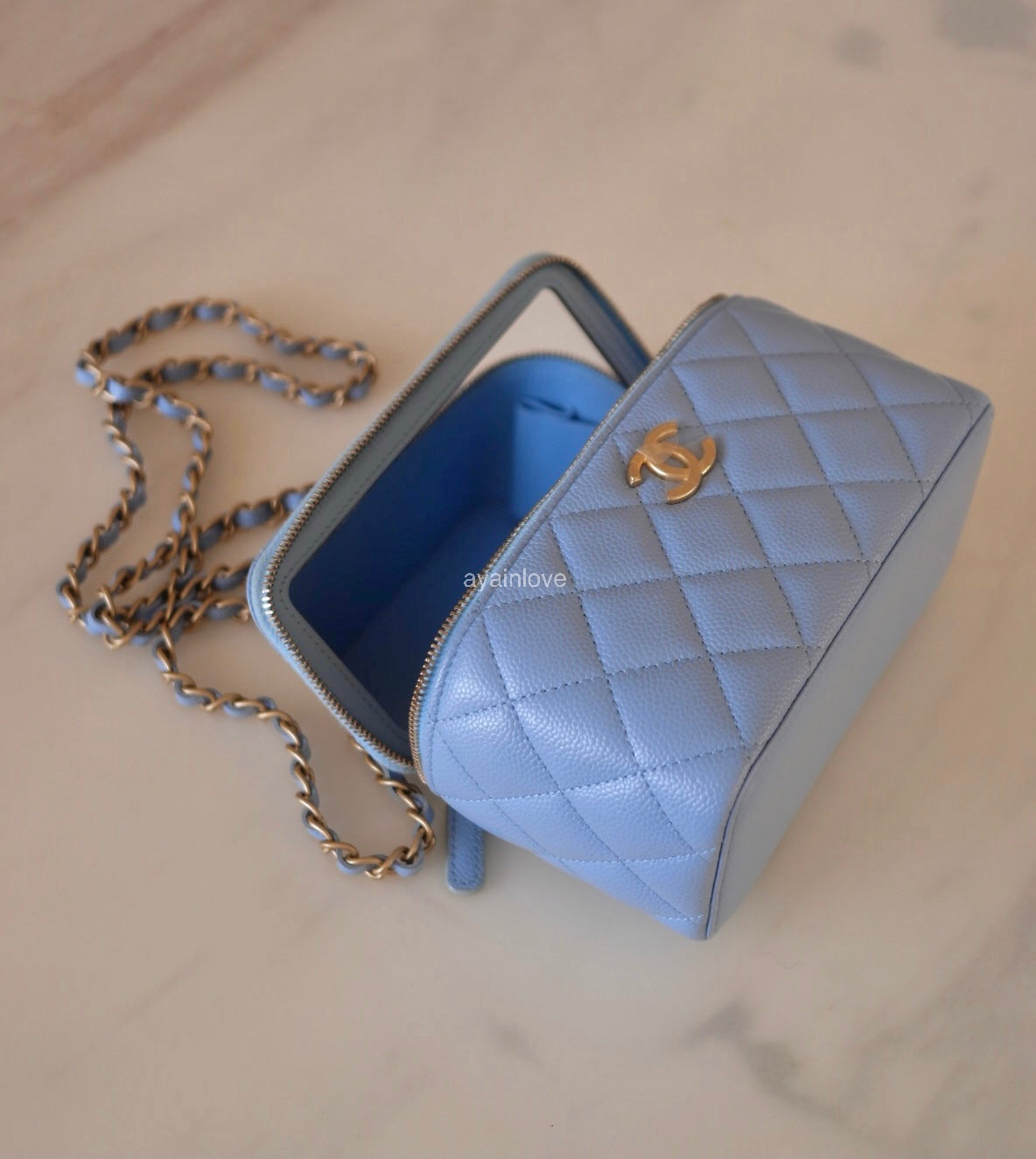 CHANEL 22S Pick Me Up Blue Caviar Top Handle Script Vanity Gold Hardware