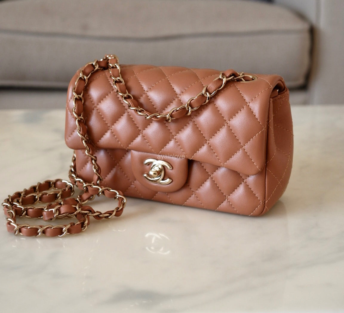 CHANEL 22S Caramel Brown Lamb Skin Rectangular Mini Light Gold Hardware