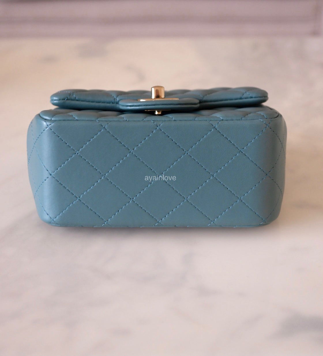 CHANEL 2022 Turquoise Blue Lambskin Microchipped Quilted Square Mini Flap Bag Light Gold Hardware