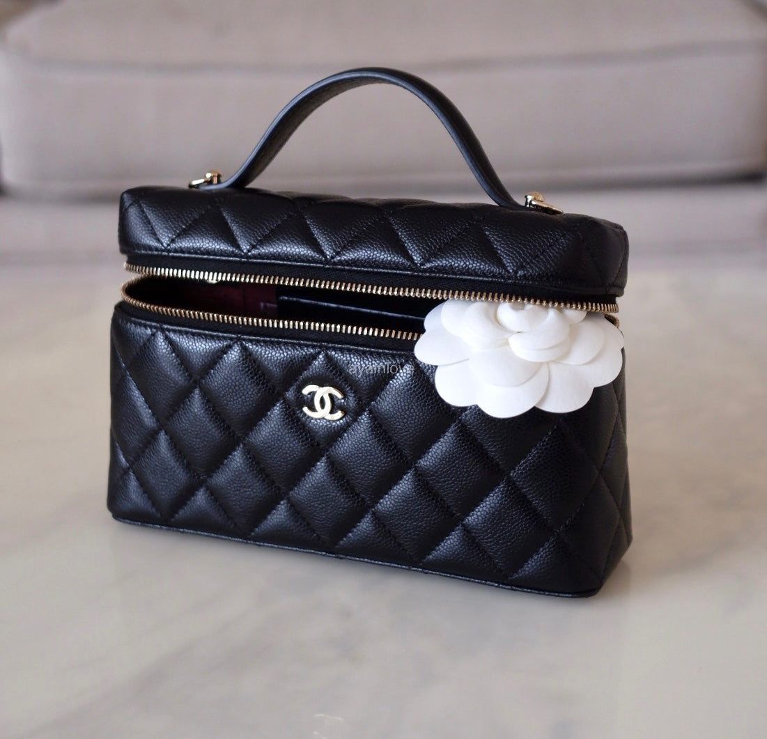 CHANEL 2025 Black Caviar Top Handle Flat Vanity on Chain Light Gold Hardware