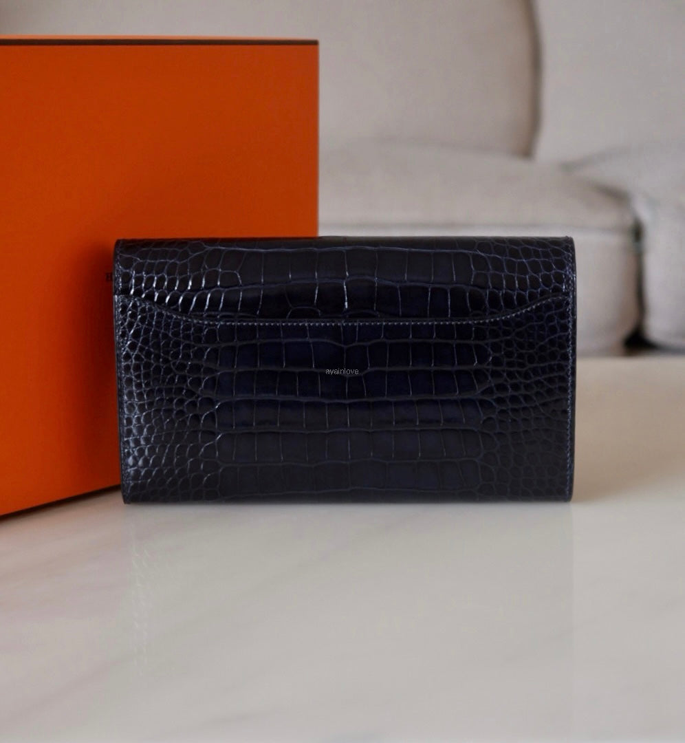 HERMES Constance Blue Marine Shiny Alligator Bicolor Verso Cuivre Long Wallet To Go Rose Gold Hardware