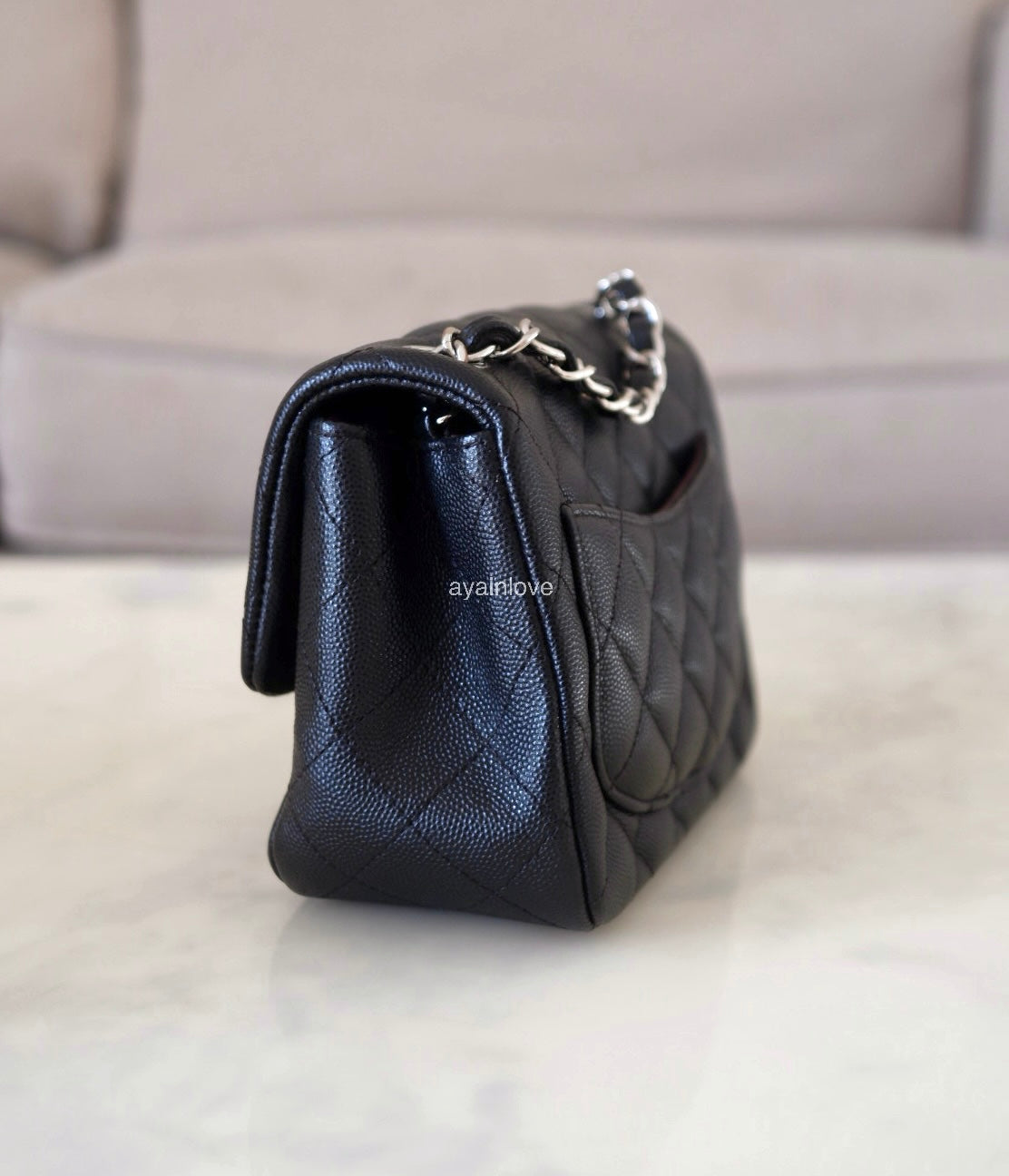 CHANEL 17B Black Caviar (Burgundy Interior) Quilted Square Mini Flap Bag Silver Hardware