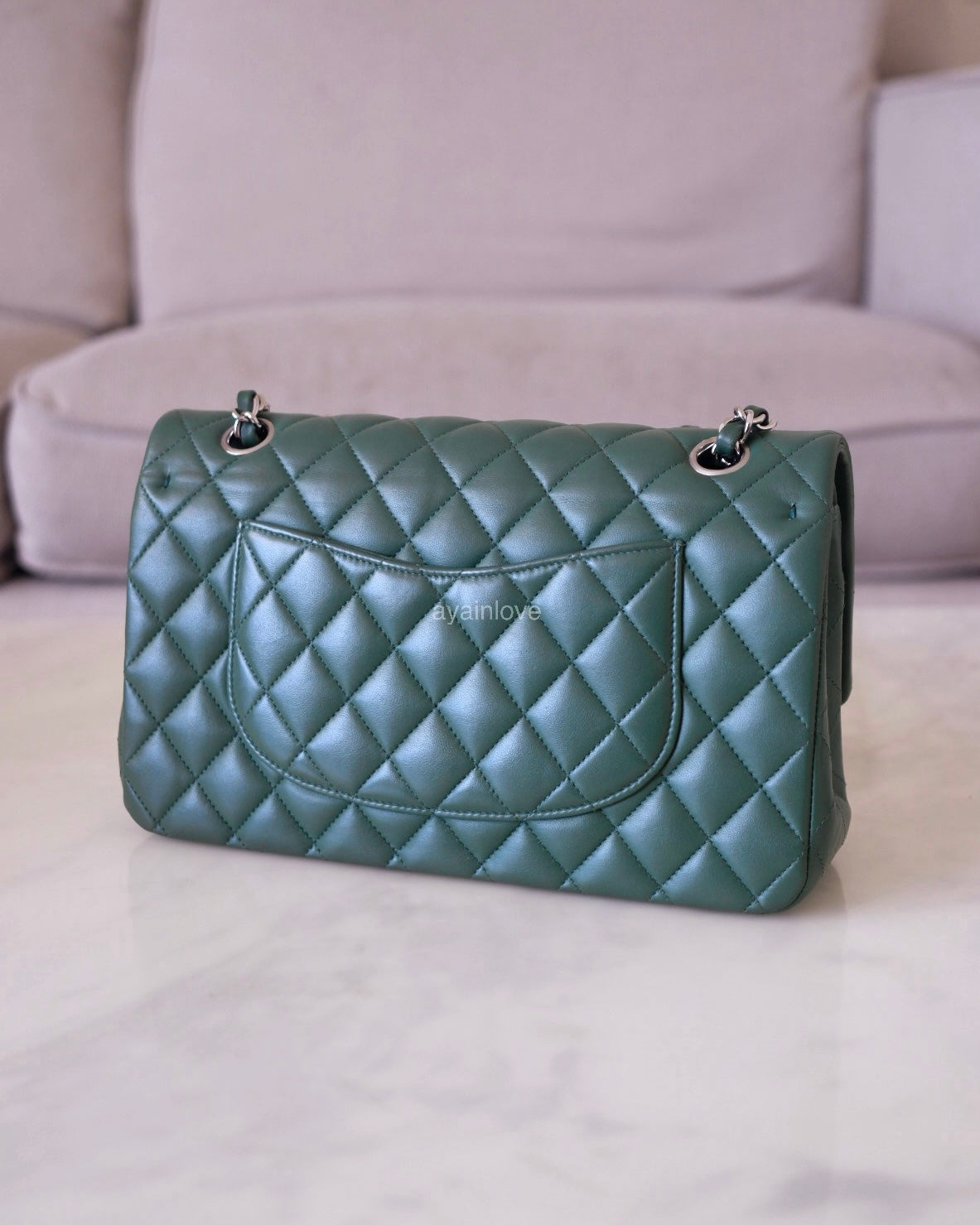 CHANEL Dark Green Lambskin Medium/Large Classic Flap Silver Hardware
