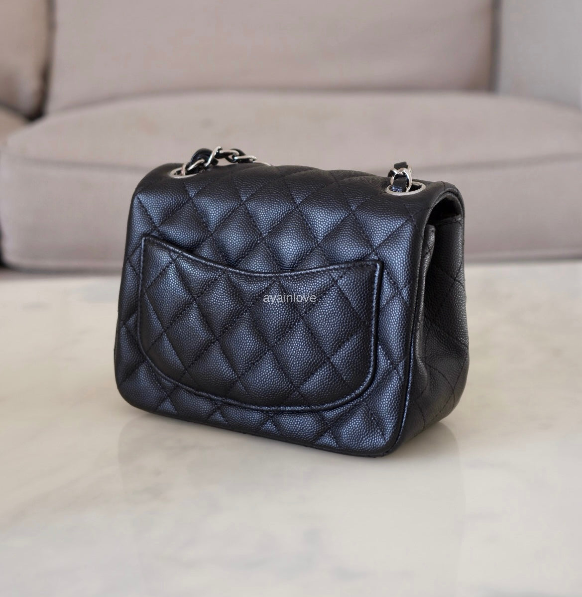 CHANEL 17B Black Caviar (Burgundy Interior) Quilted Square Mini Flap Bag Silver Hardware