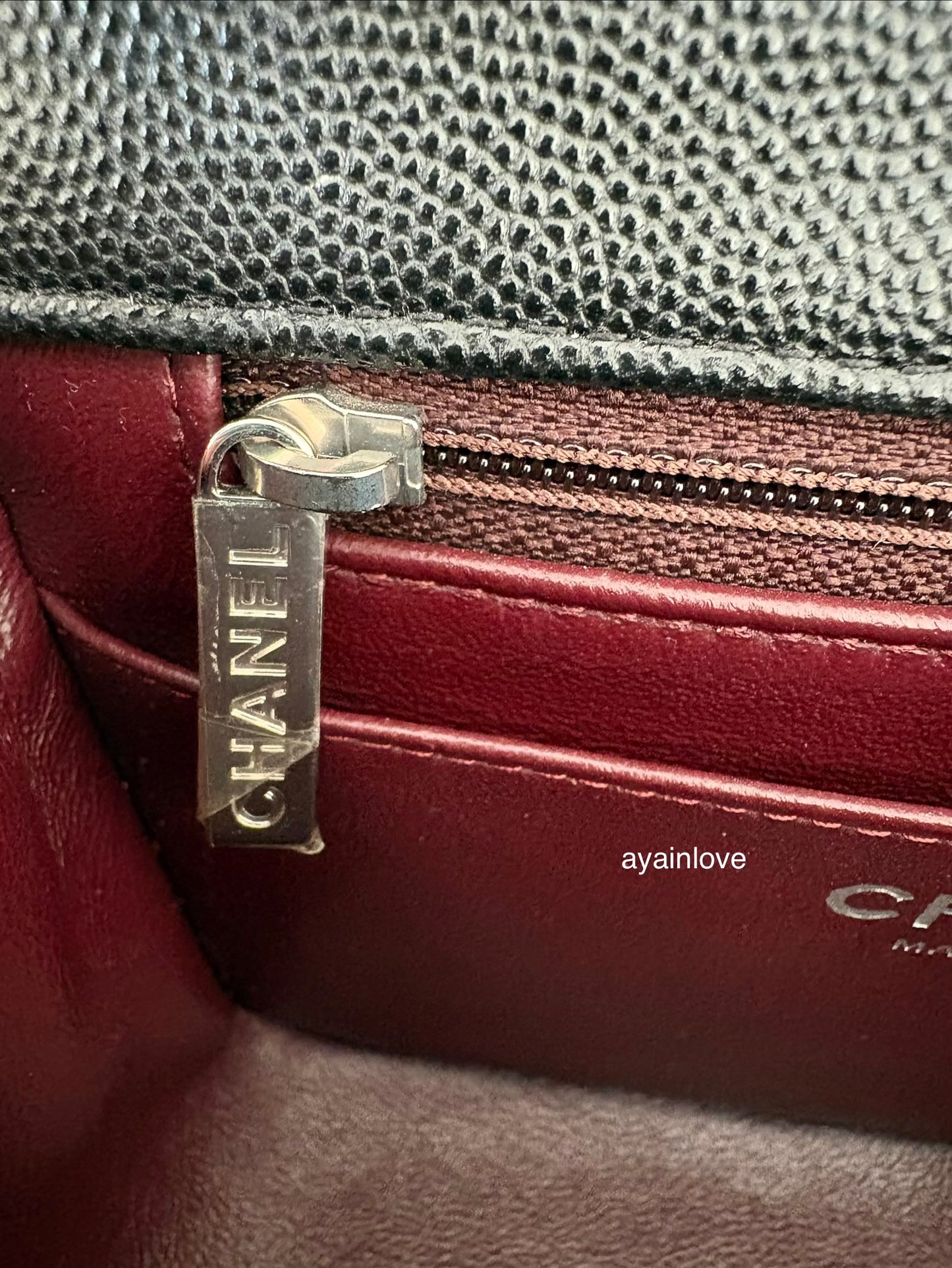 CHANEL 17B Black Caviar (Burgundy Interior) Quilted Square Mini Flap Bag Silver Hardware