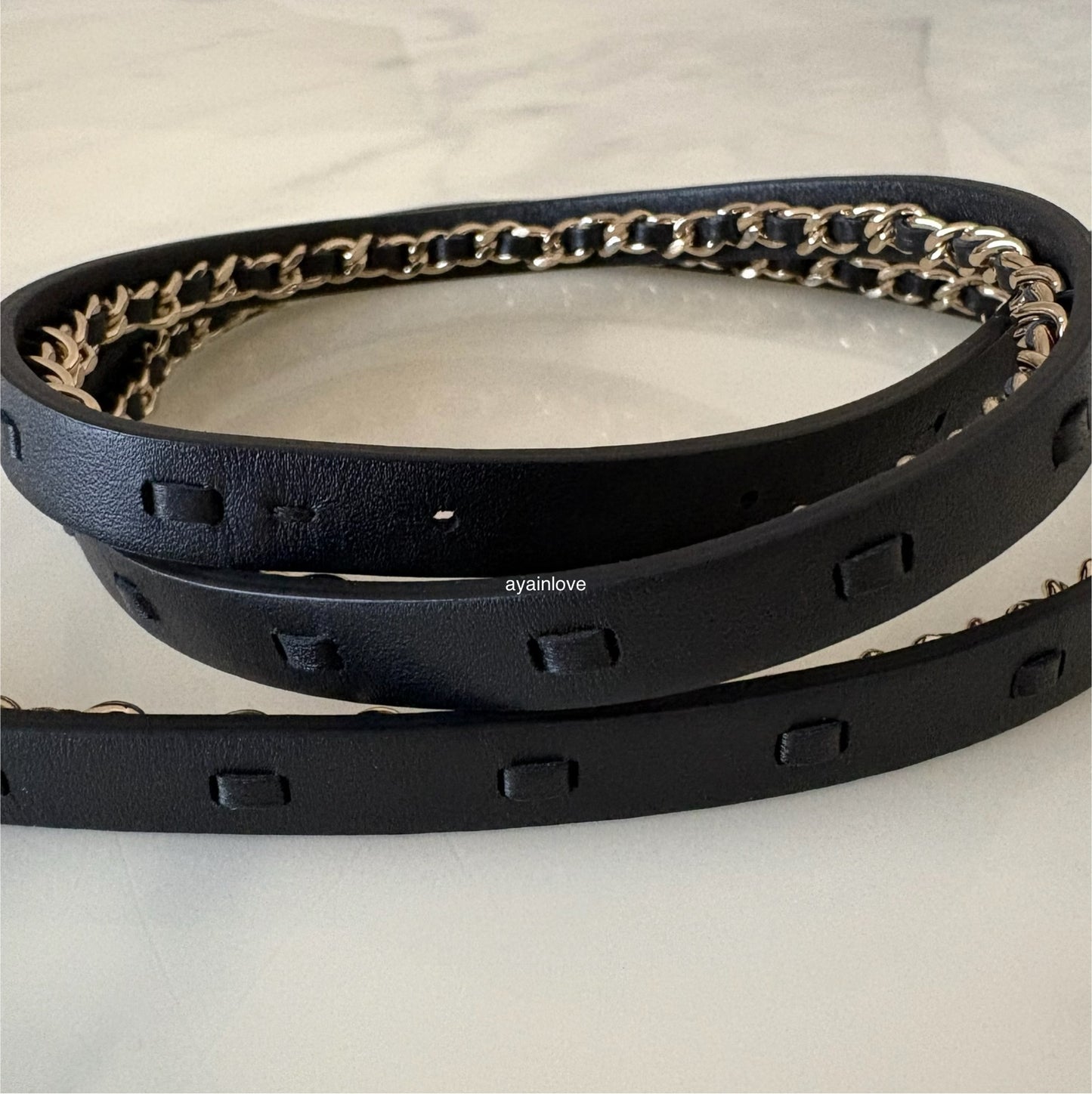 CHANEL 22B Black Interlaced Chain Leather Belt Size 90 Gold Hardware