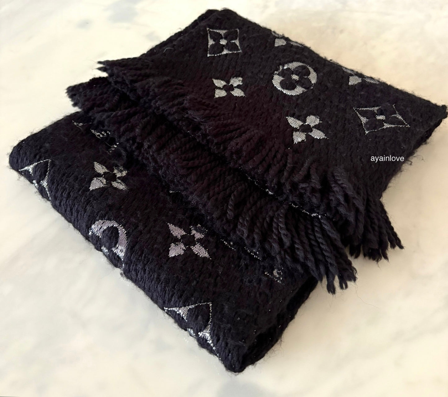 LOUIS VUITTON LV Shine Black Silver Echarpe Logomania M75833 Wool Shawl Scarf