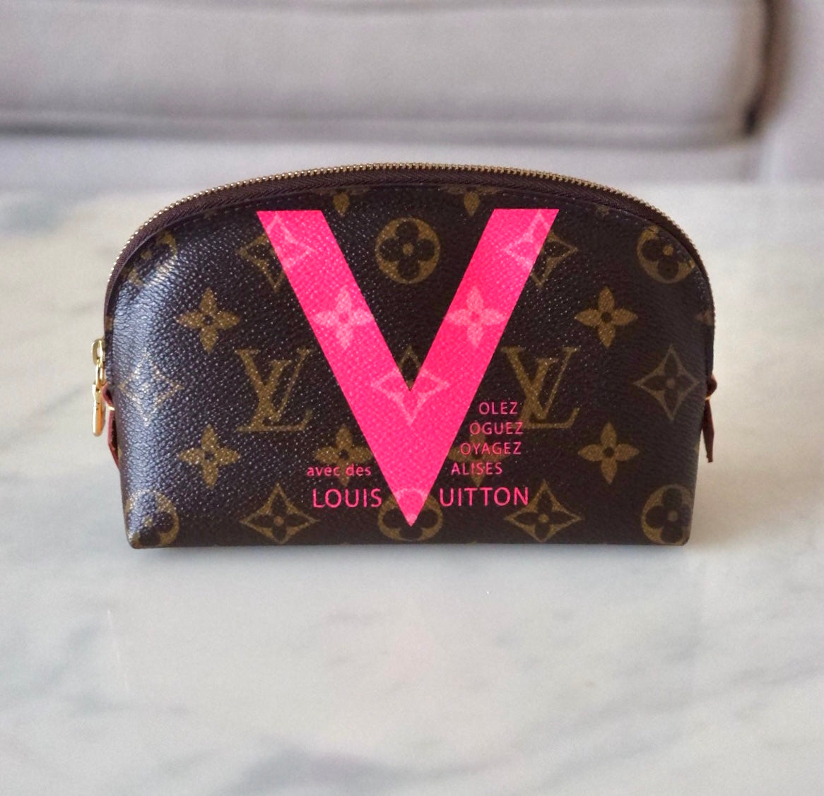 LV LOUIS VUITTON Limited Edition Pink V Voyage Grenade Monogram Cosmetic Pouch
