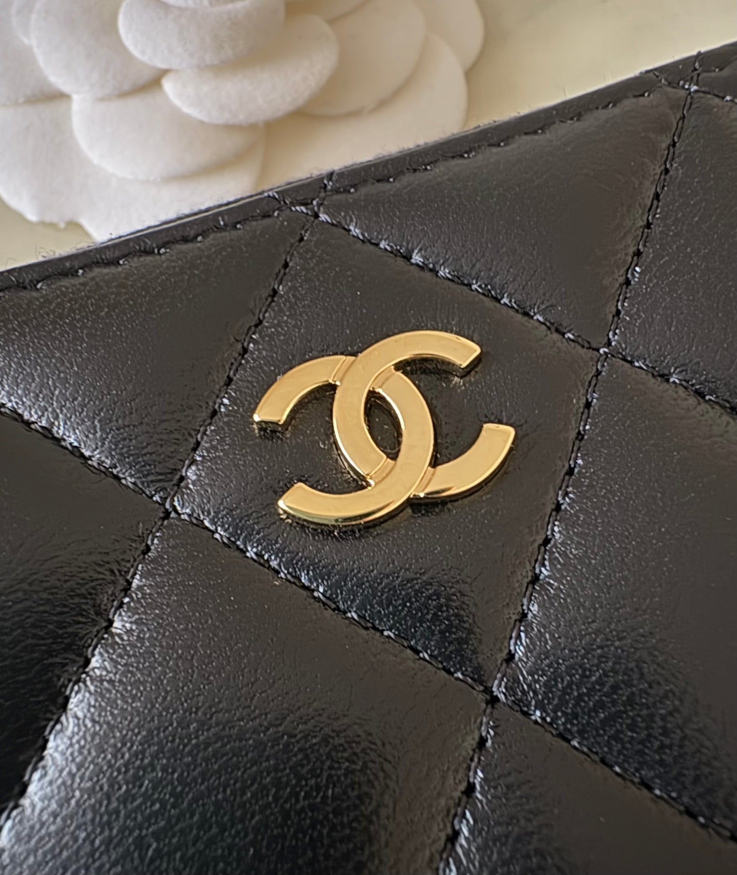 CHANEL Black Lamb Skin Zip Card Holder Gold Hardware