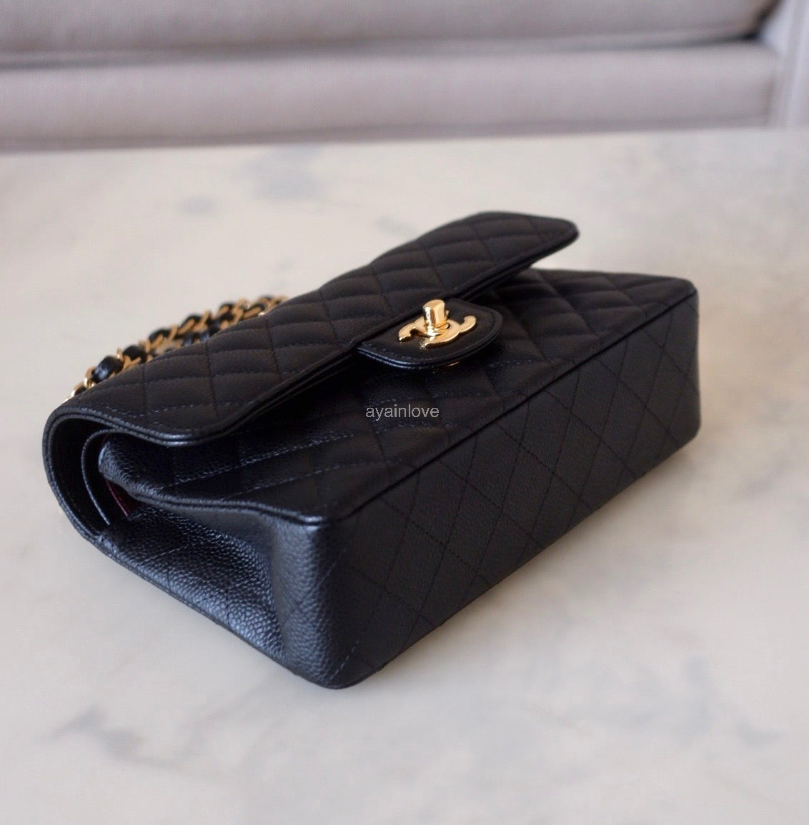 CHANEL Black Caviar Quilted Small Classic Flap Bag Gold Hardware