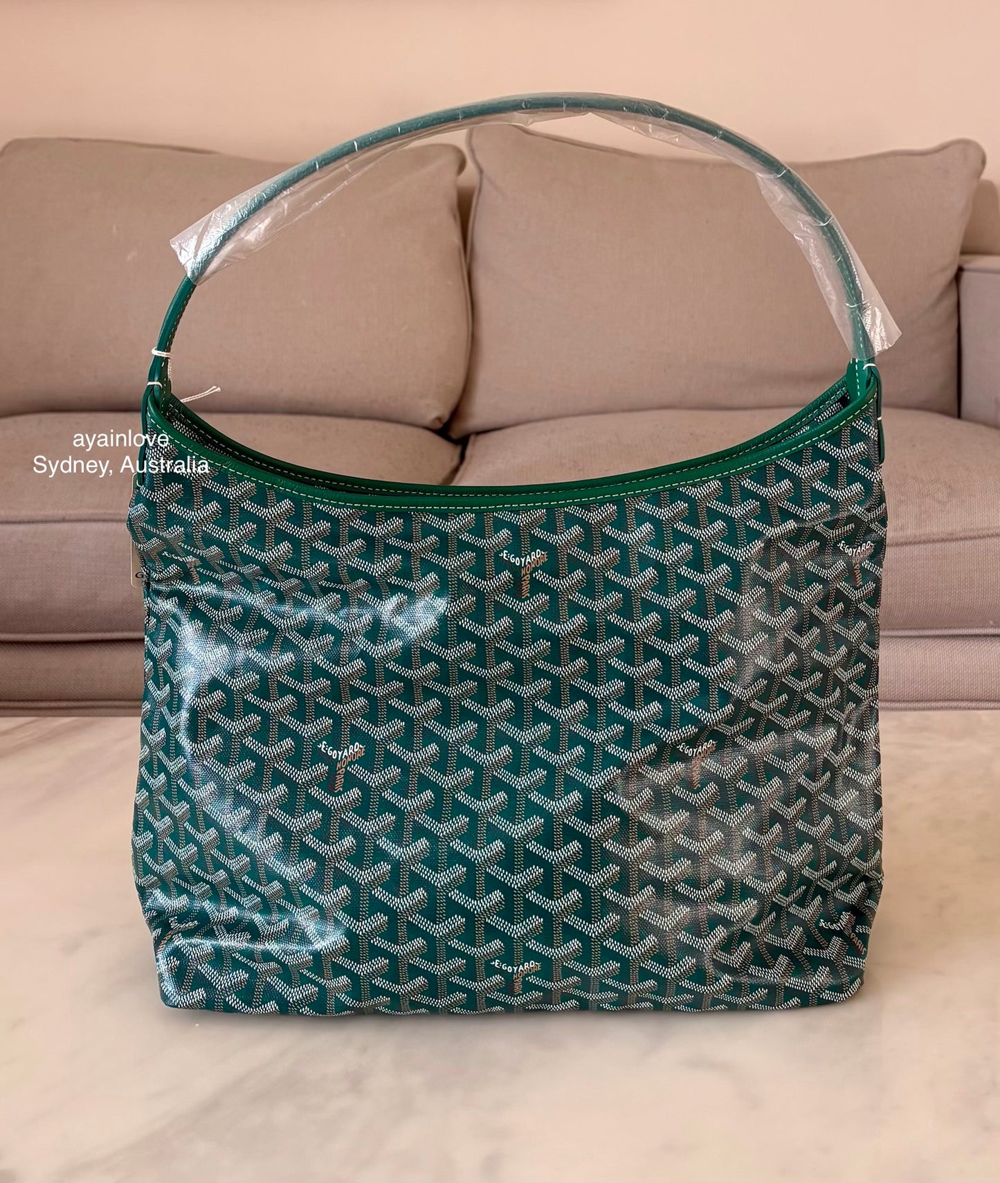 GOYARD Green Goyardine Hobo Boheme PM Bag with Blue Heart Stamp