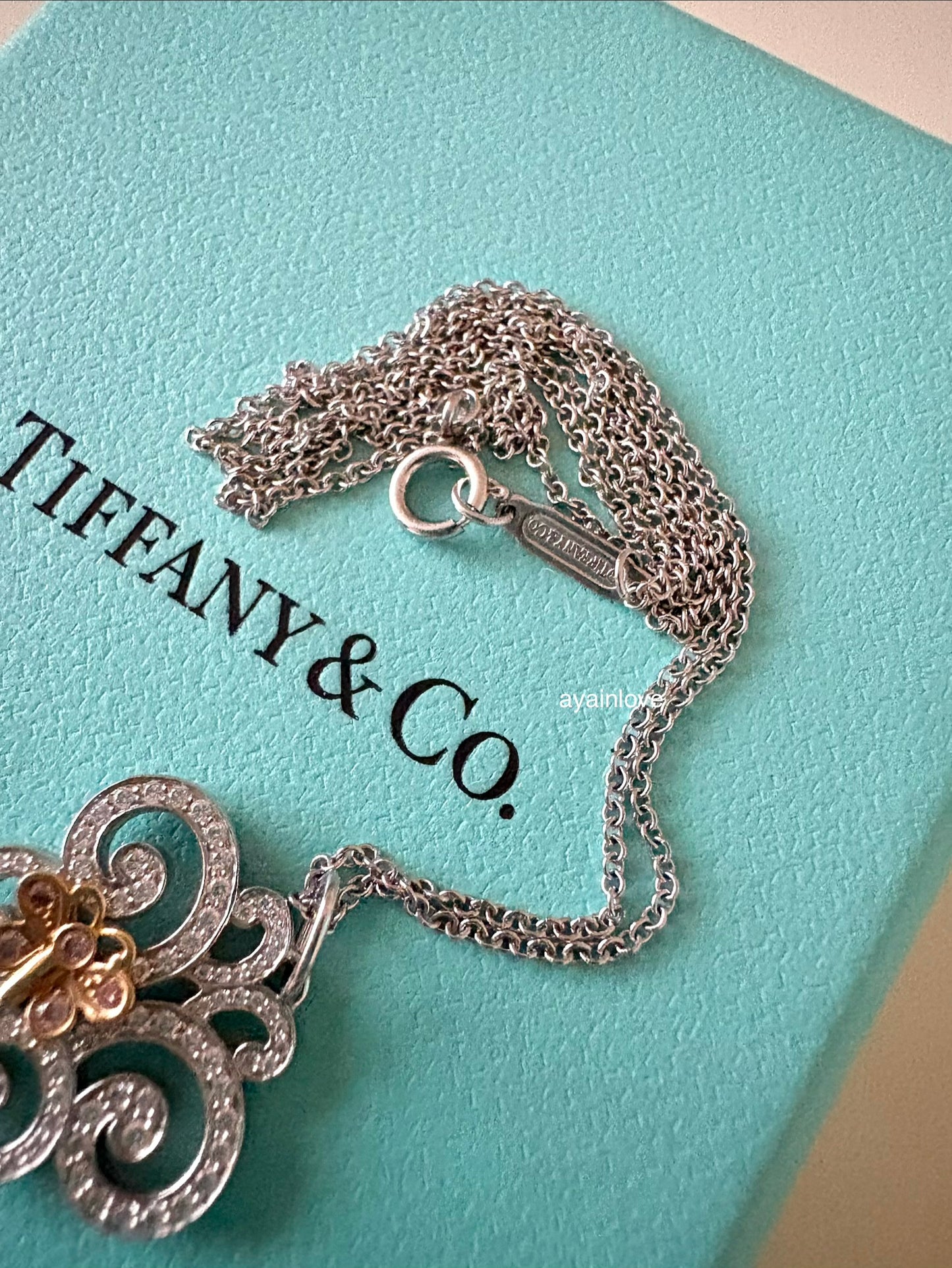 TIFFANY & CO Enchant Butterfly Key Pendant Necklace 950 Platinum White Diamonds and 18KT Rose Gold Pink Diamonds
