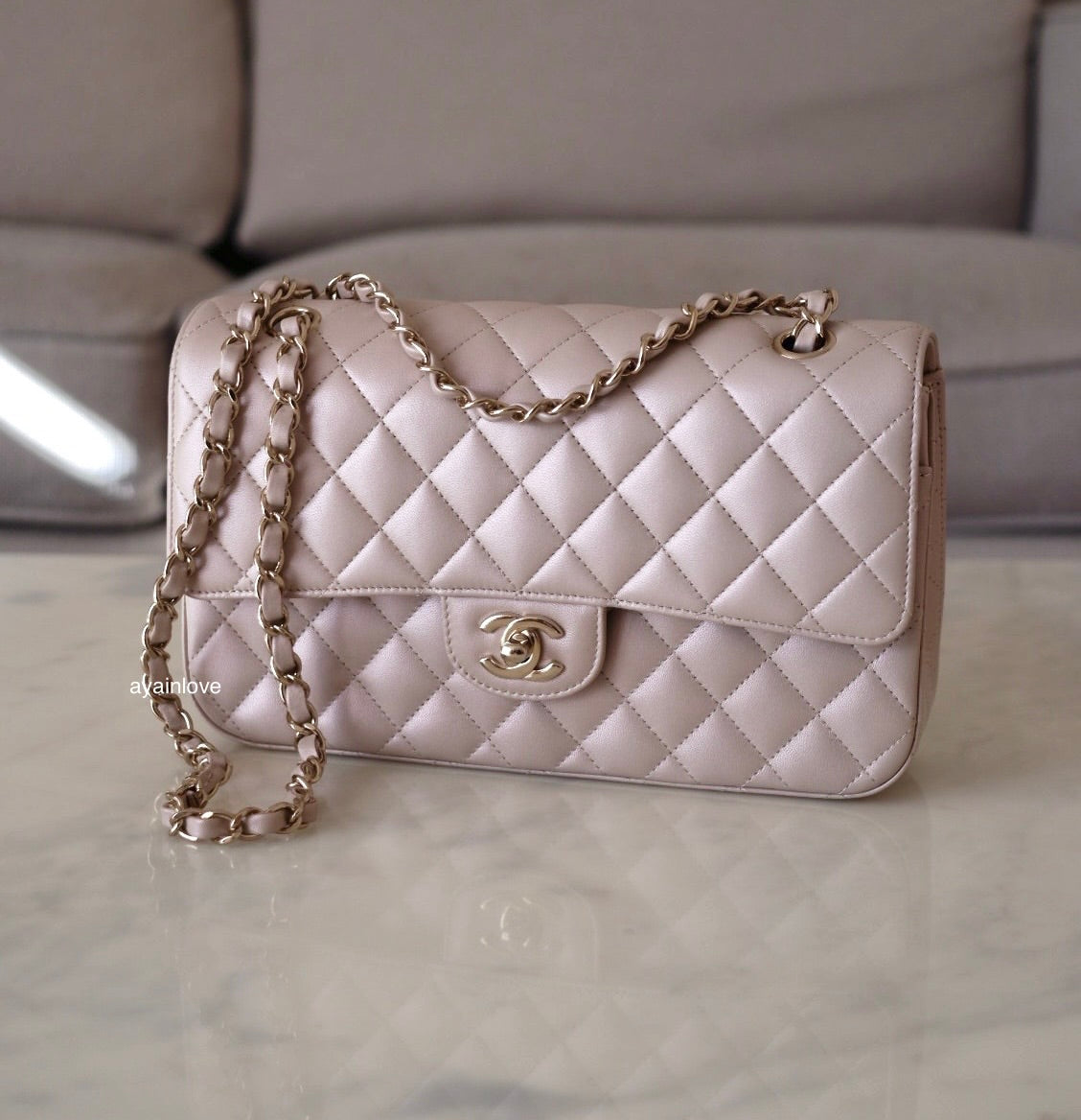 CHANEL 19S Iridescent Beige Lambskin Medium/Large Classic Flap Light Gold Hardware