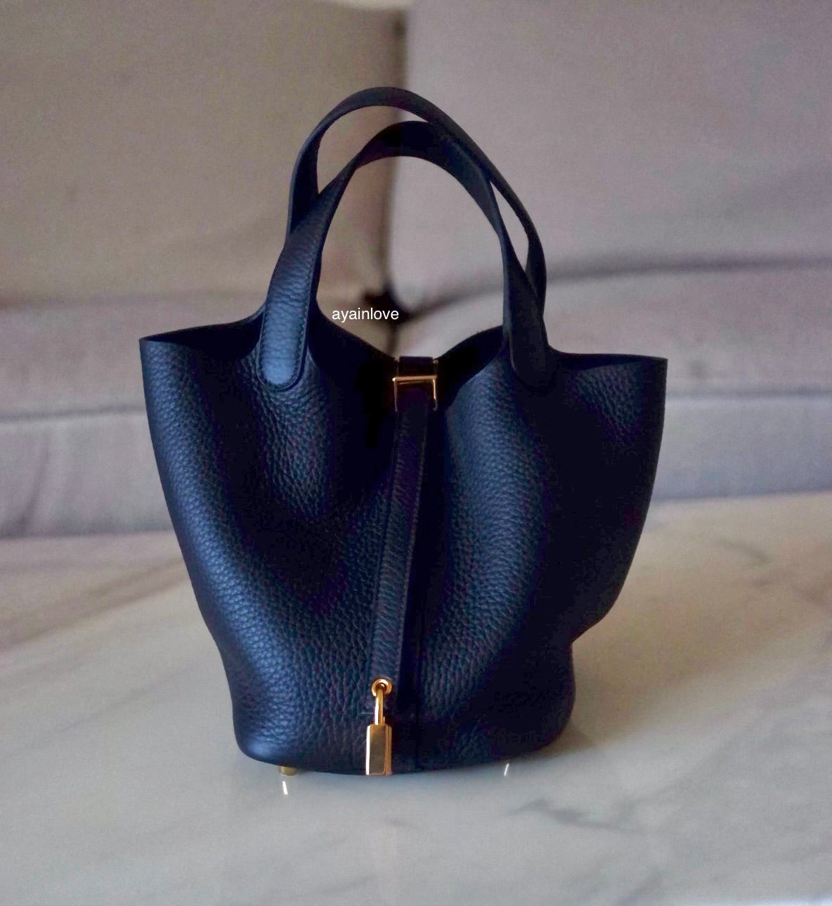 HERMES Picotin Lock 18 Caban Dark Blue Black Taurillion Clemence Gold Hardware K Stamp