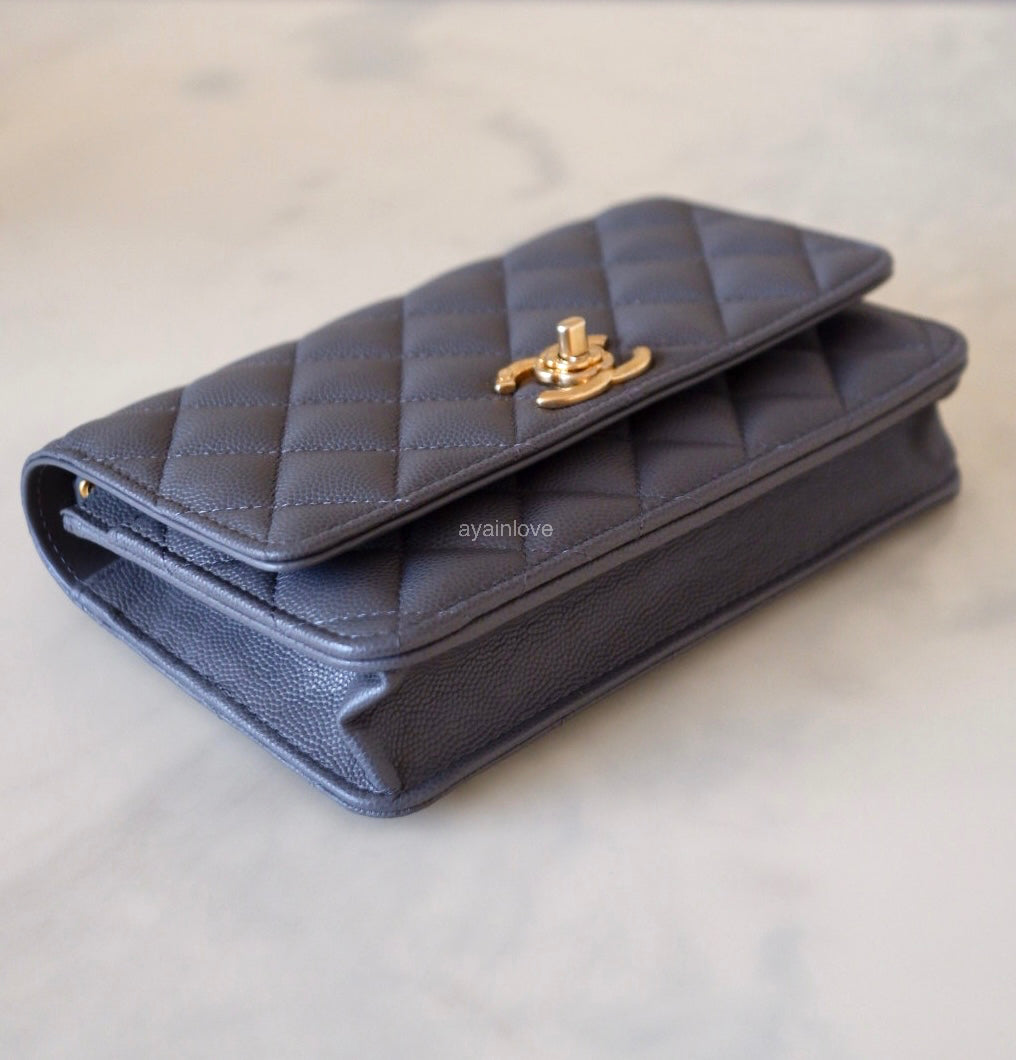 CHANEL 23K Dark Grey Caviar Camellia CC Wallet On Chain *Microchipped* Brushed Gold Hardware