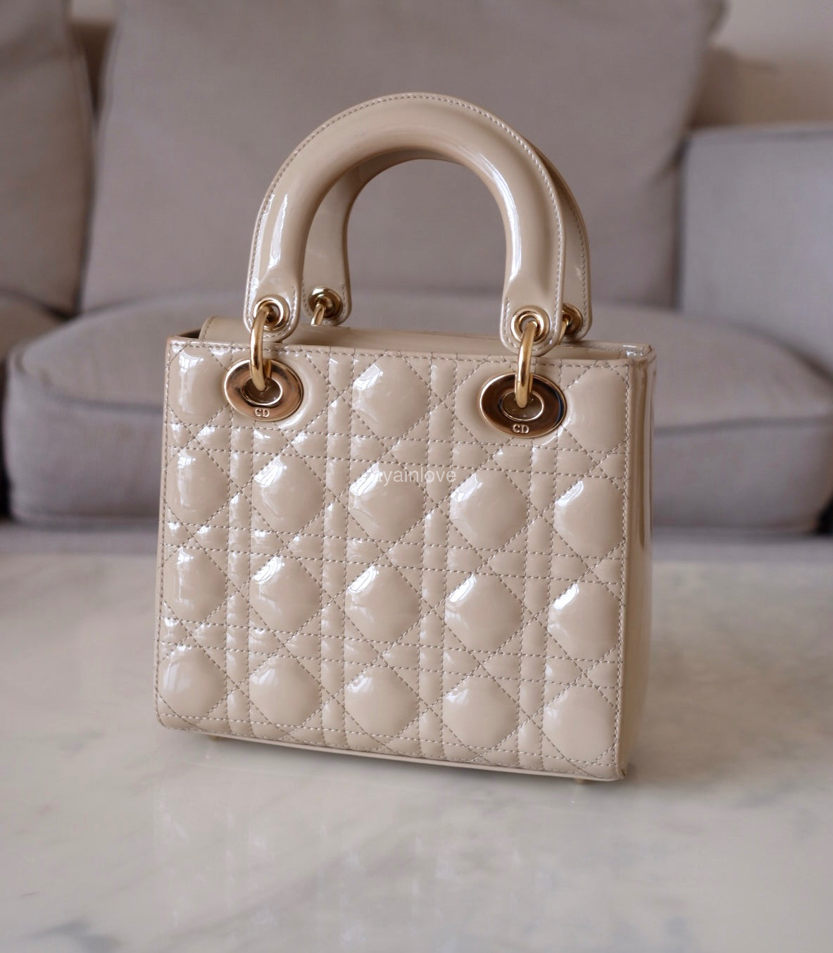 DIOR Small Lady Dior Beige Patent Cannage Calf Skin Bag