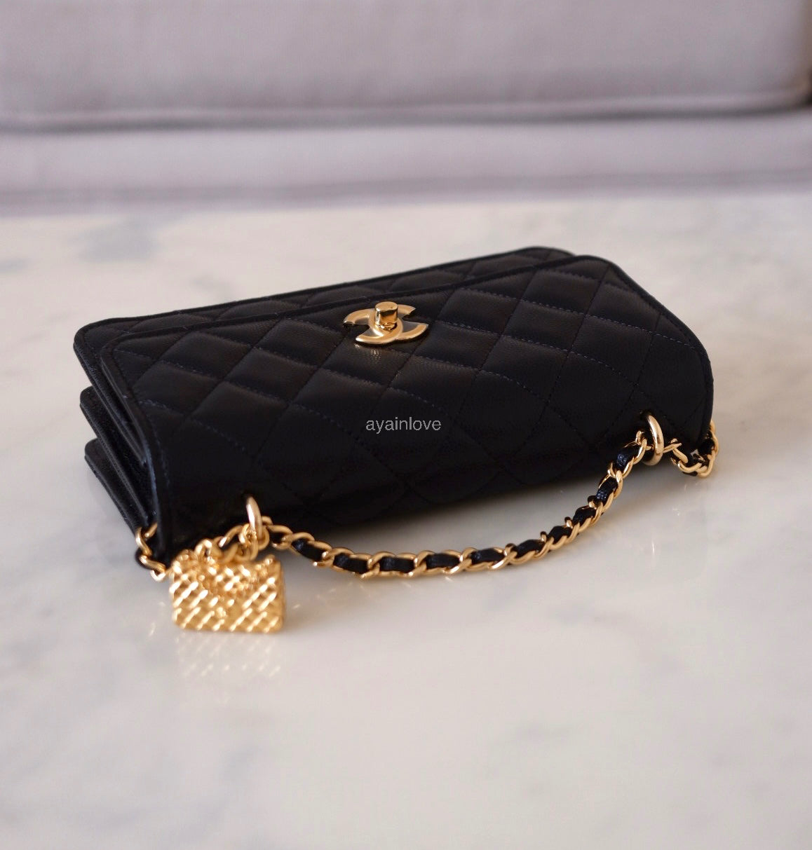 CHANEL 23S Black Caviar Wallet on Chain with Bag Charm Gold Hardware
