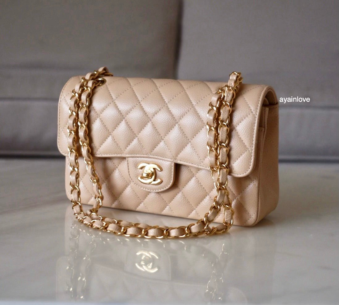 CHANEL Beige Clair Caviar Small Classic Flap Bag Gold Hardware