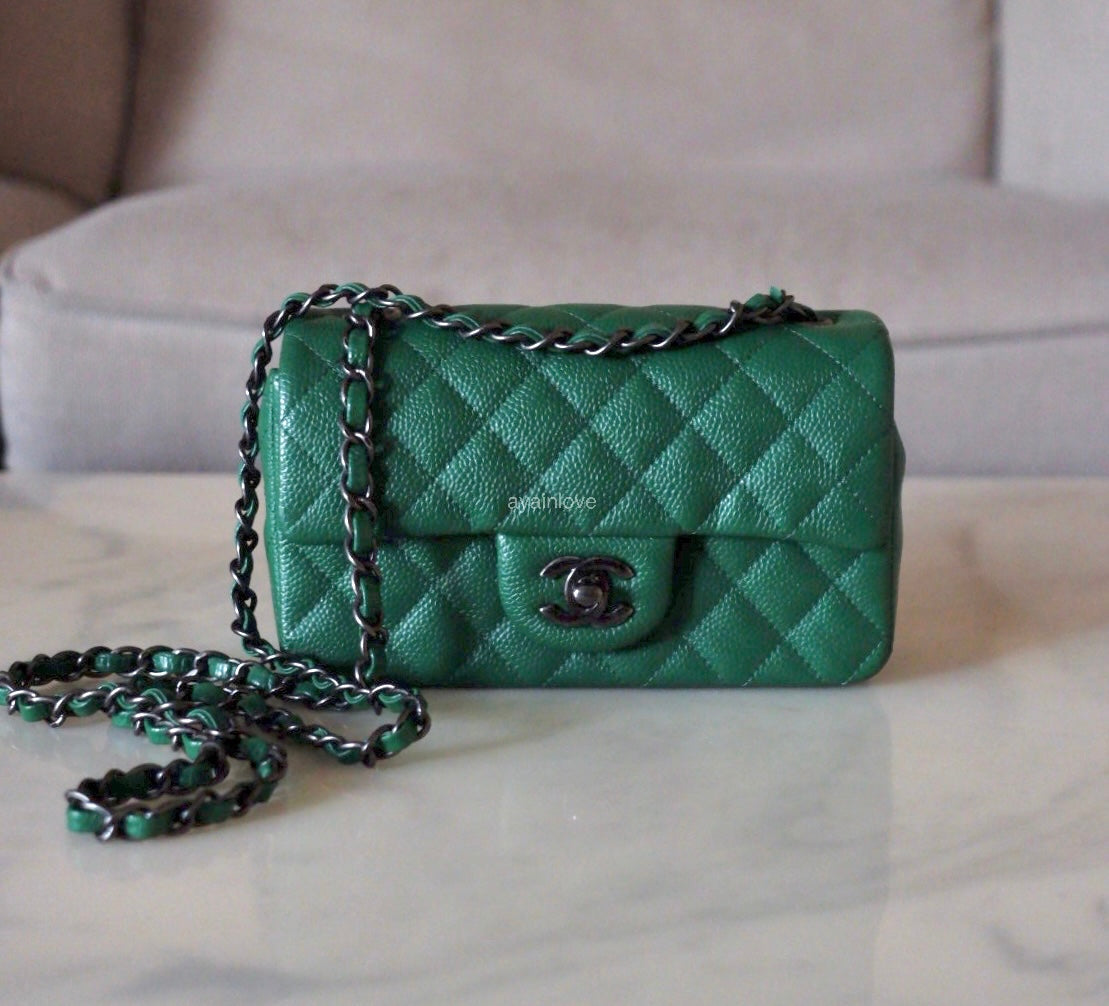 CHANEL Green Caviar Classic Quilted Rectangular Mini Flap Bag Ruthenium Hardware