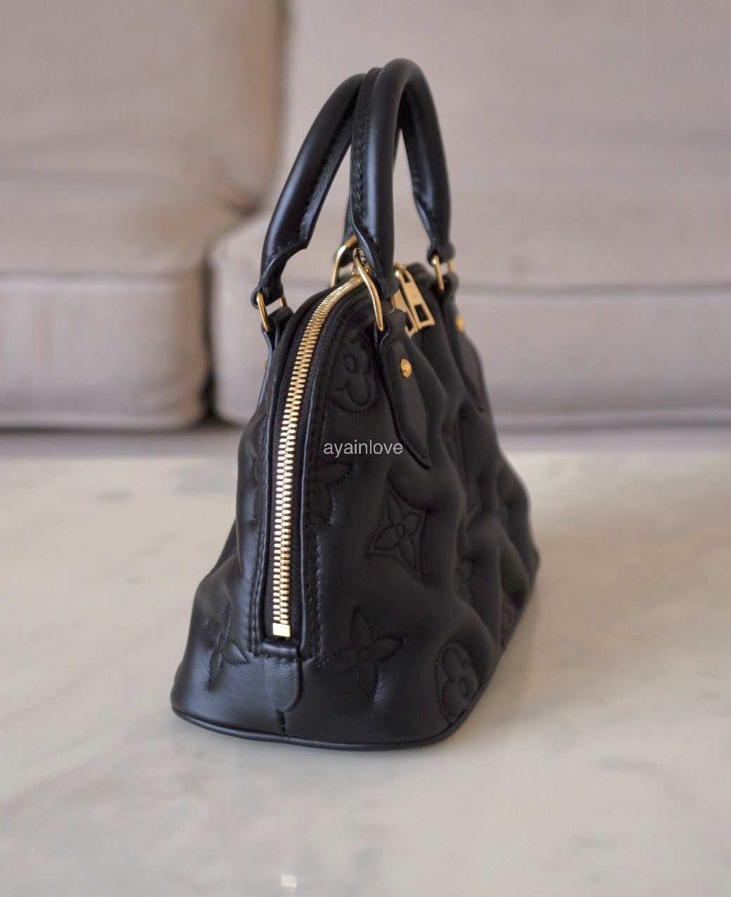 LOUIS VUITTON LV Alma BB Black Calfskin Bubblegram Bag Gold Hardware